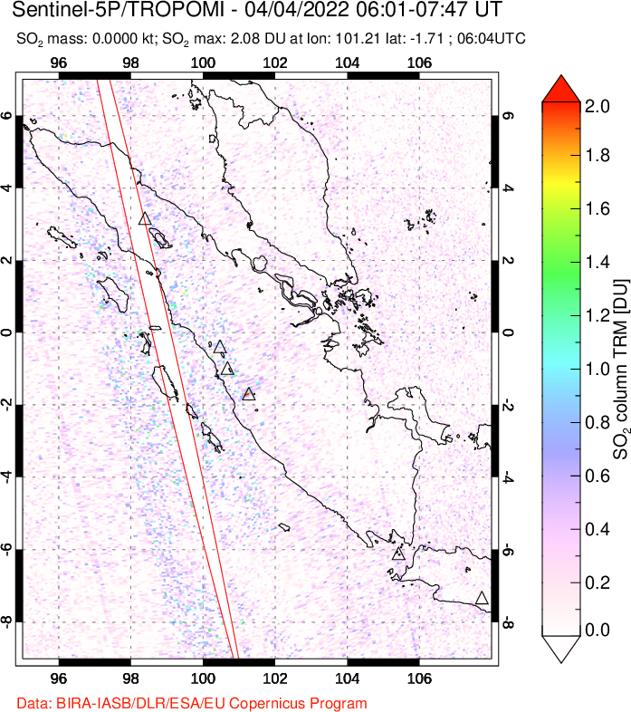 A sulfur dioxide image over Sumatra, Indonesia on Apr 04, 2022.