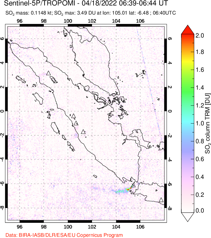 A sulfur dioxide image over Sumatra, Indonesia on Apr 18, 2022.