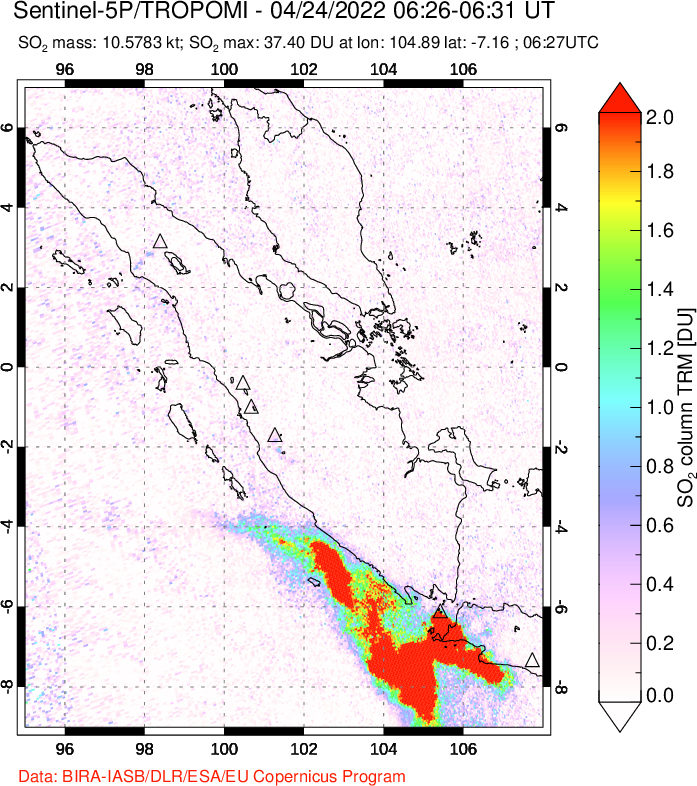 A sulfur dioxide image over Sumatra, Indonesia on Apr 24, 2022.