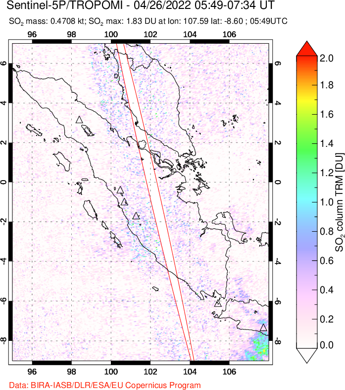 A sulfur dioxide image over Sumatra, Indonesia on Apr 26, 2022.