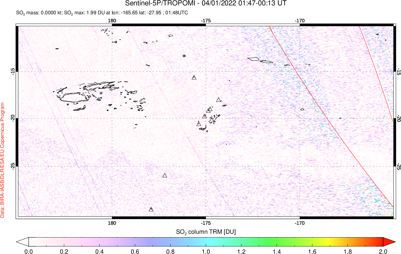 A sulfur dioxide image over Tonga, South Pacific on Apr 01, 2022.