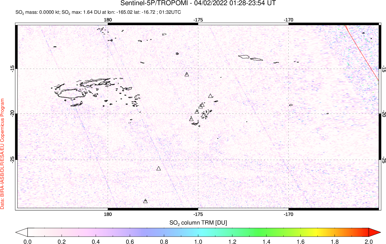 A sulfur dioxide image over Tonga, South Pacific on Apr 02, 2022.