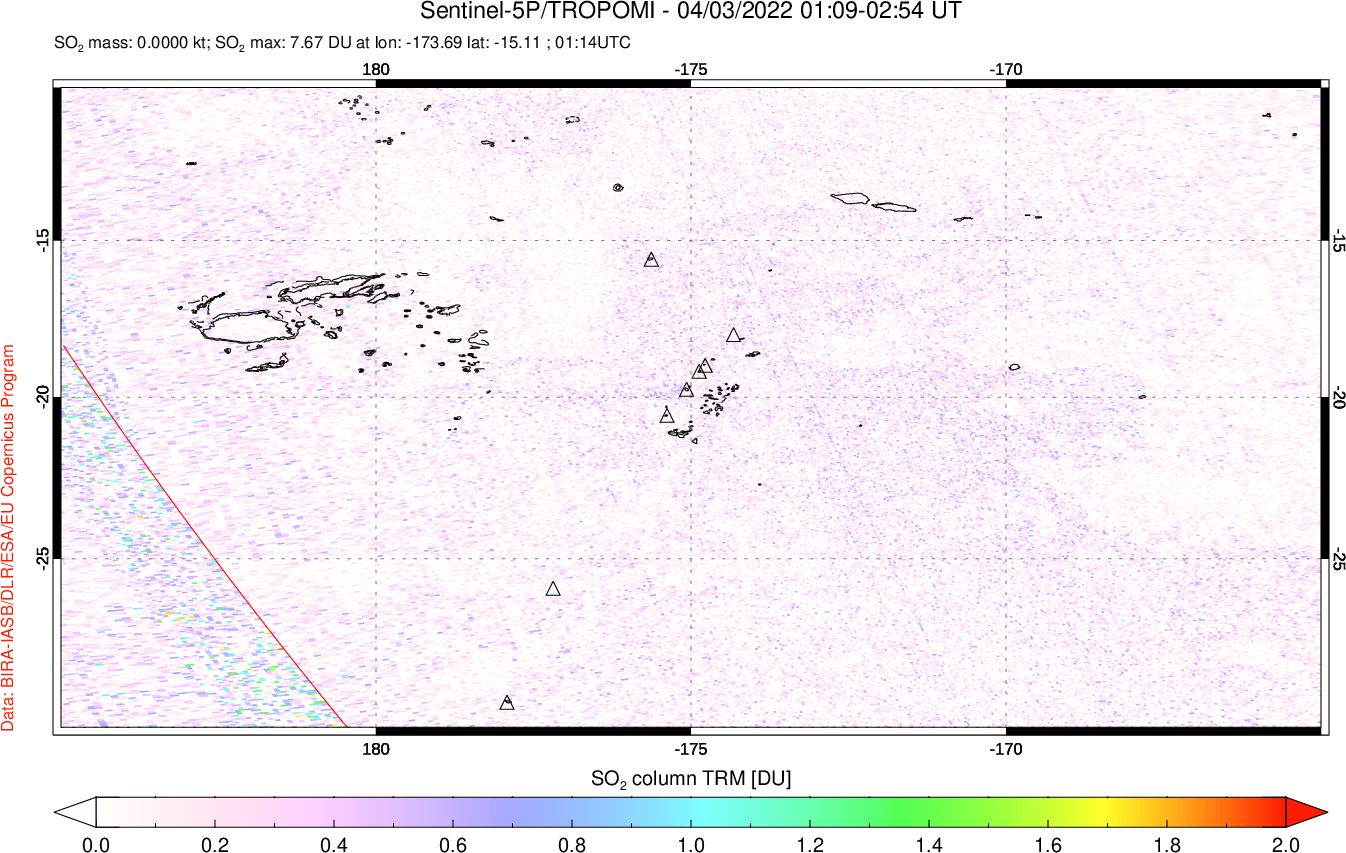A sulfur dioxide image over Tonga, South Pacific on Apr 03, 2022.