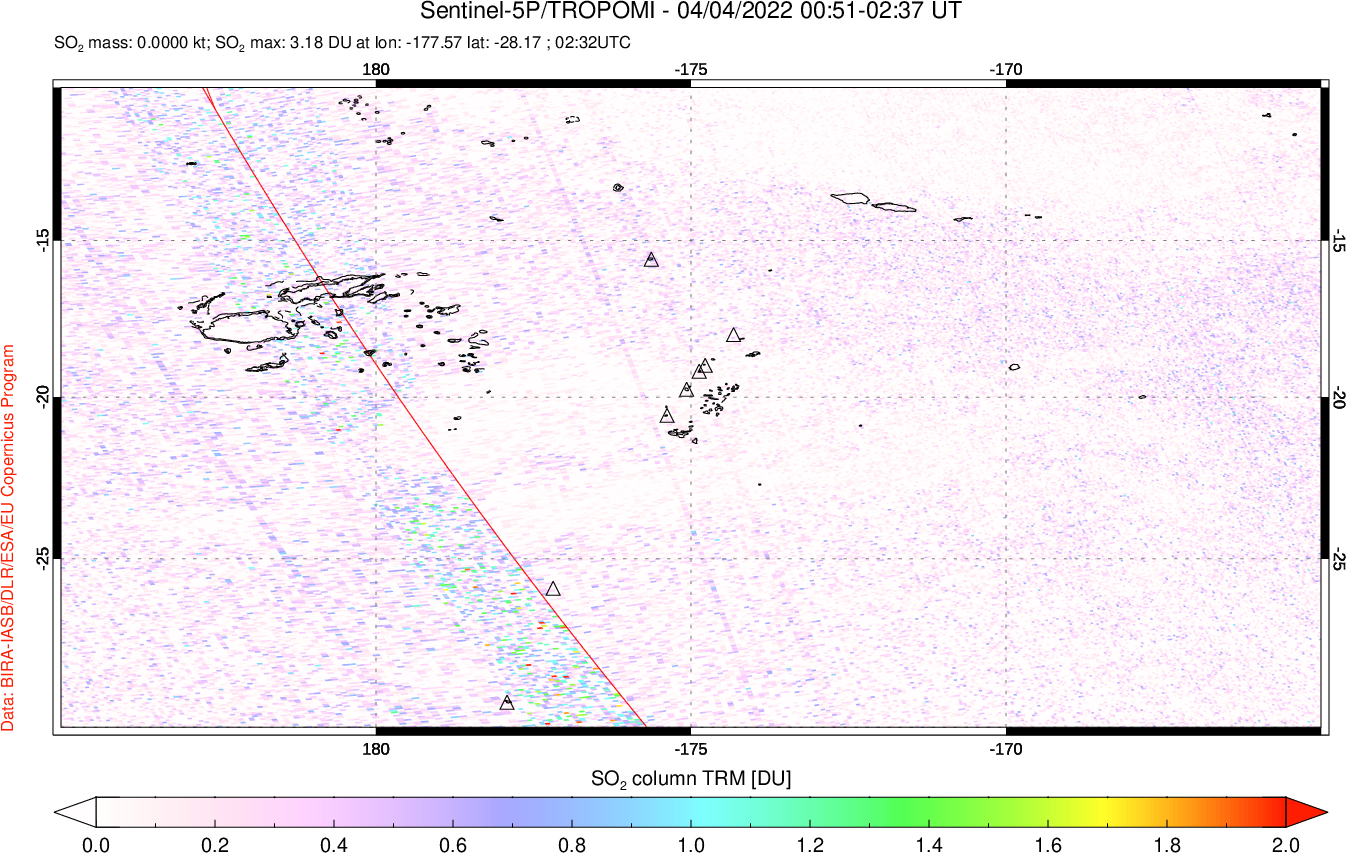A sulfur dioxide image over Tonga, South Pacific on Apr 04, 2022.