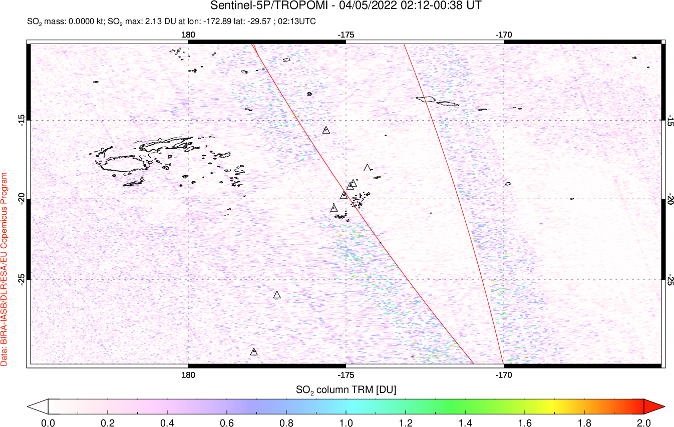 A sulfur dioxide image over Tonga, South Pacific on Apr 05, 2022.