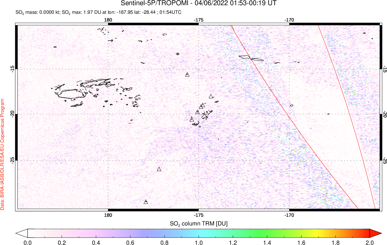 A sulfur dioxide image over Tonga, South Pacific on Apr 06, 2022.