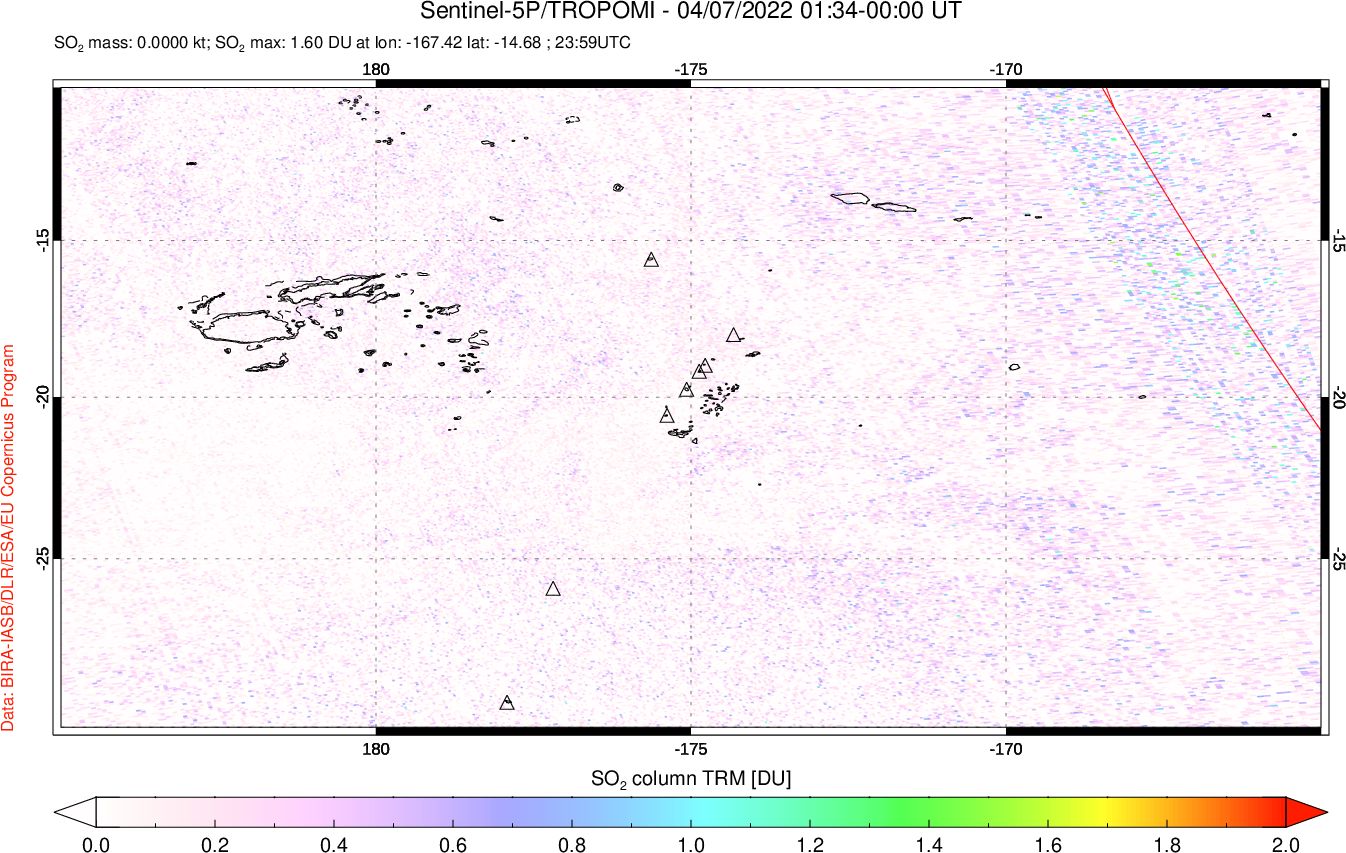 A sulfur dioxide image over Tonga, South Pacific on Apr 07, 2022.