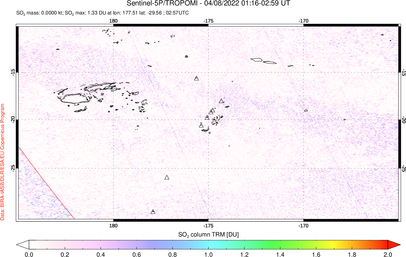 A sulfur dioxide image over Tonga, South Pacific on Apr 08, 2022.