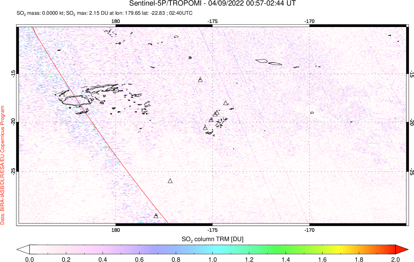 A sulfur dioxide image over Tonga, South Pacific on Apr 09, 2022.