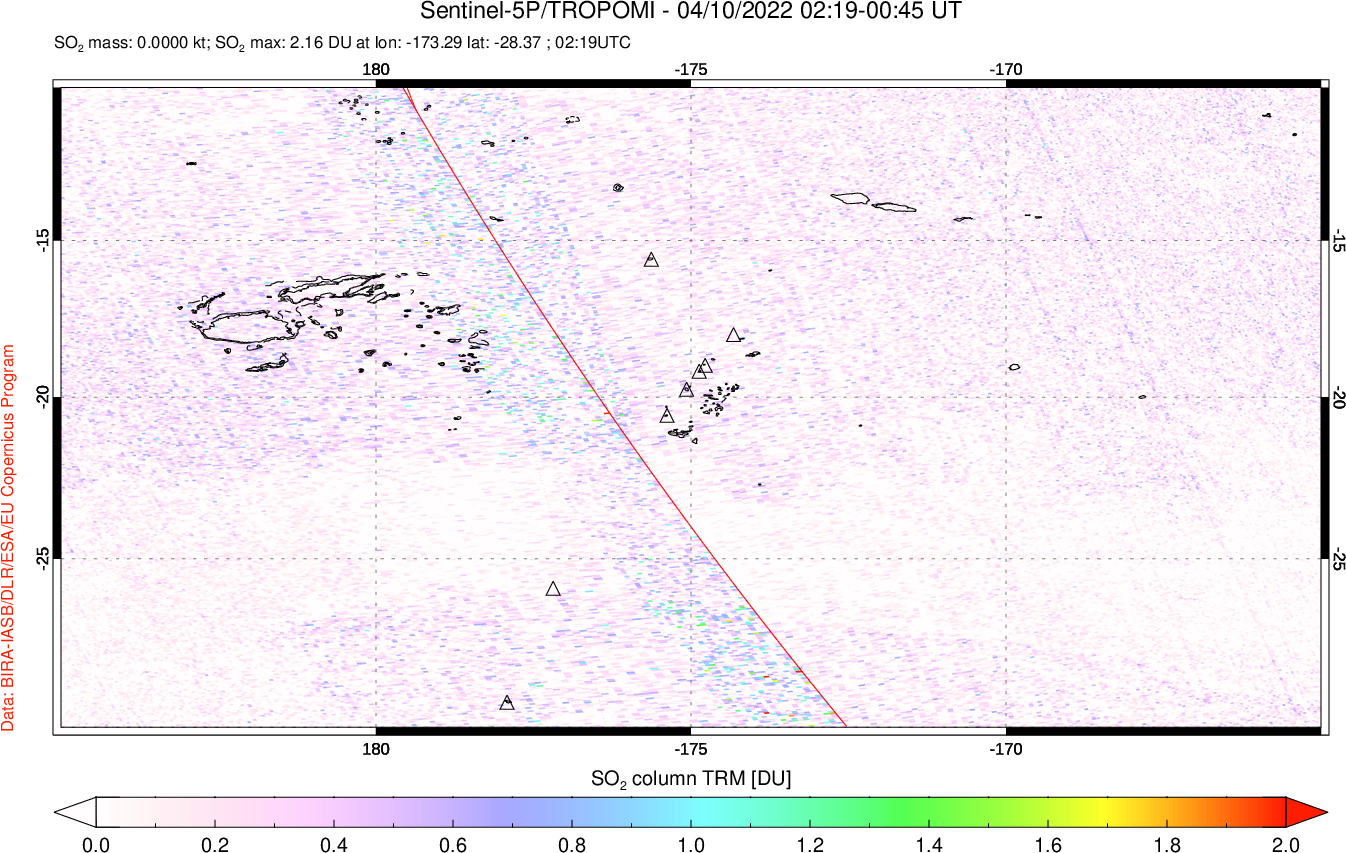 A sulfur dioxide image over Tonga, South Pacific on Apr 10, 2022.