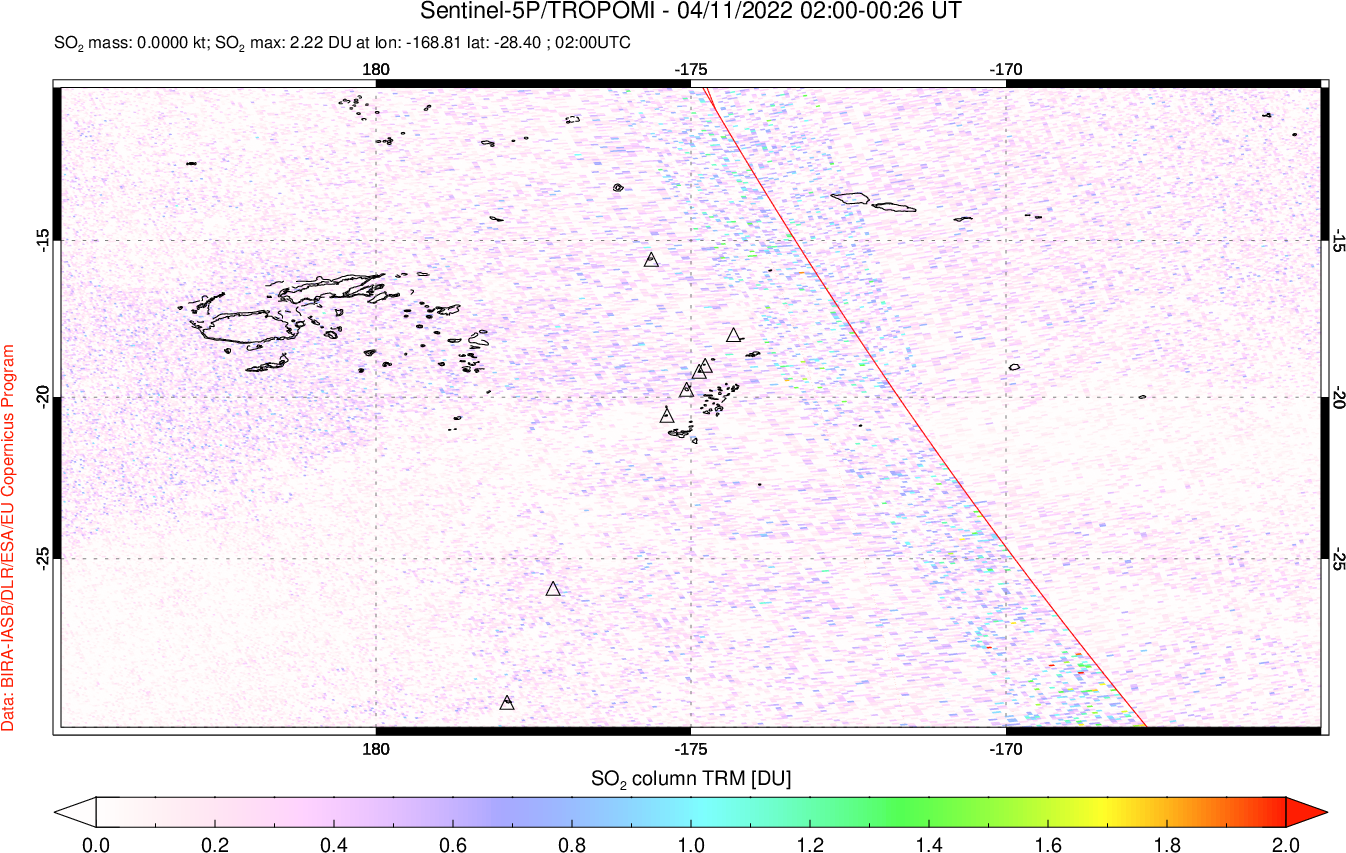 A sulfur dioxide image over Tonga, South Pacific on Apr 11, 2022.