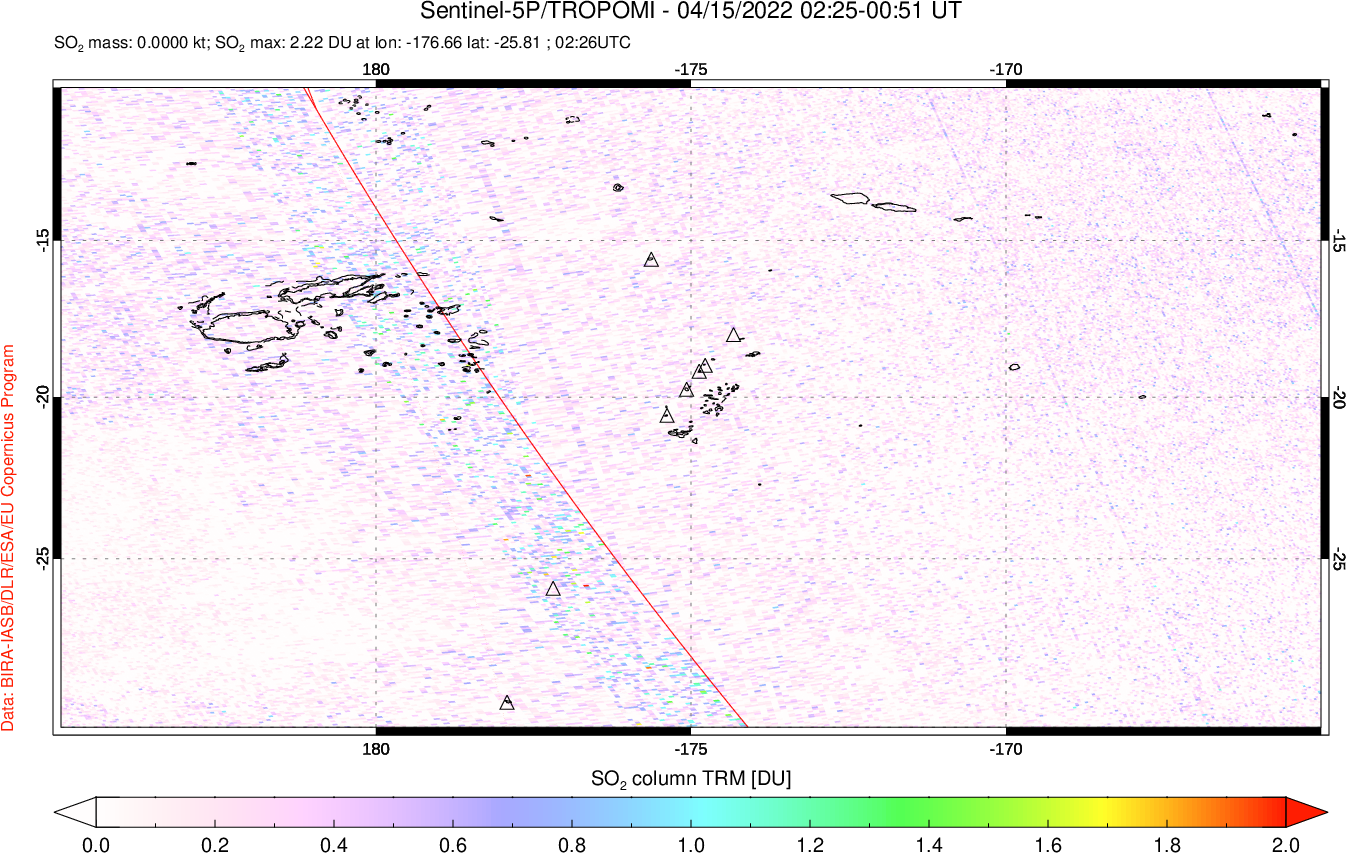 A sulfur dioxide image over Tonga, South Pacific on Apr 15, 2022.