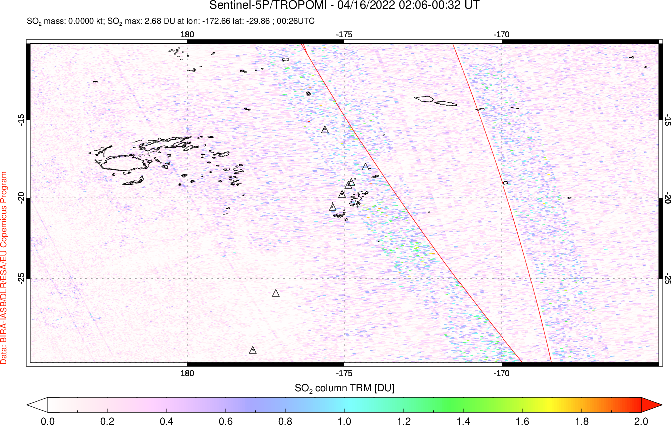 A sulfur dioxide image over Tonga, South Pacific on Apr 16, 2022.