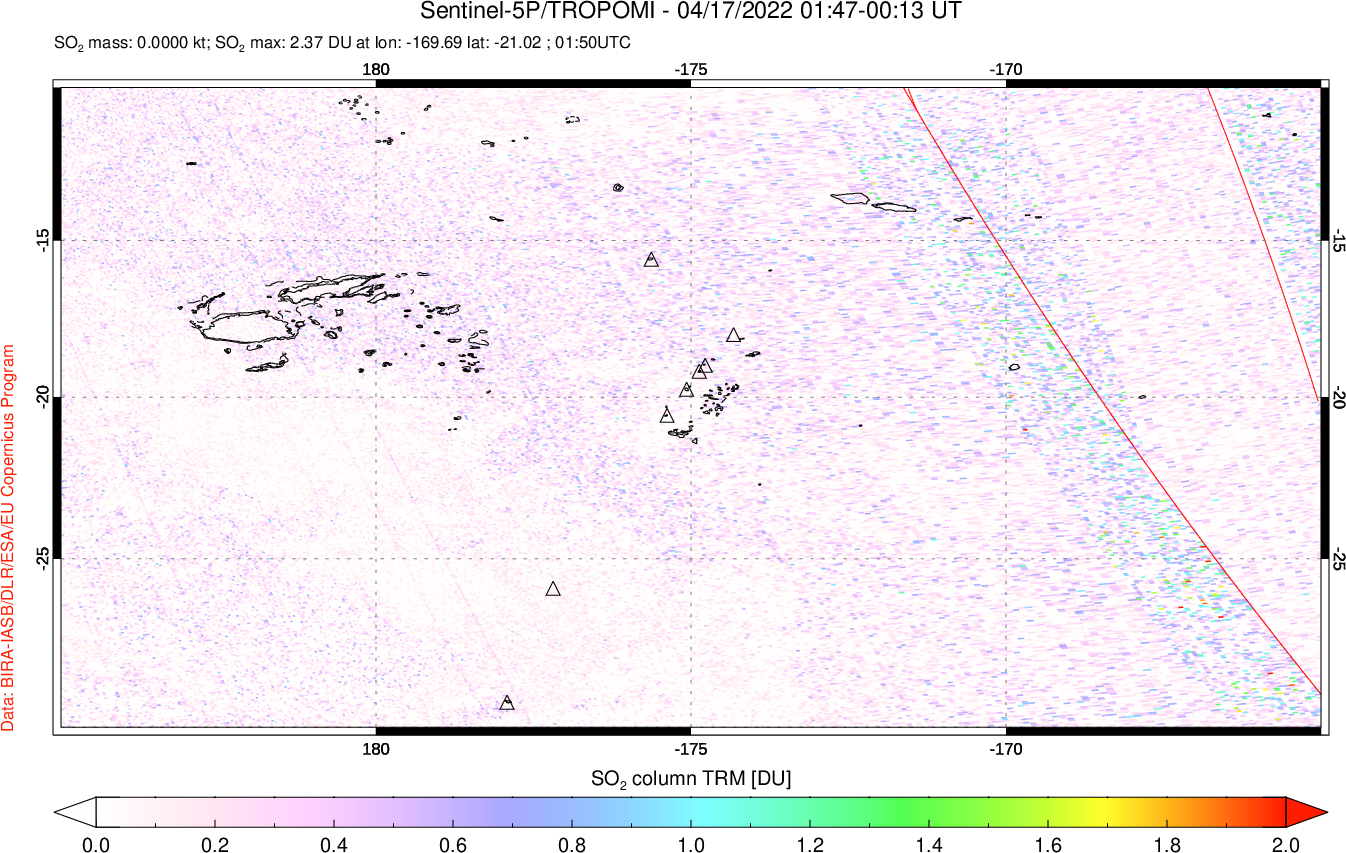 A sulfur dioxide image over Tonga, South Pacific on Apr 17, 2022.