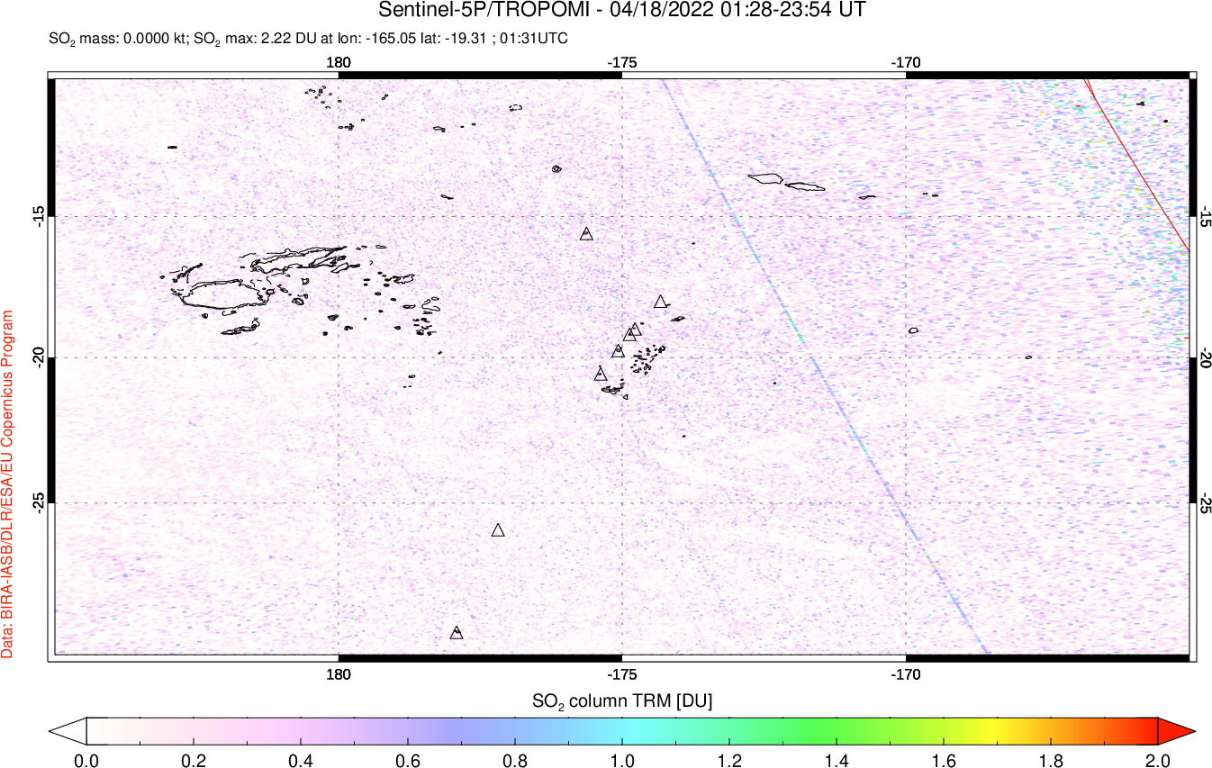 A sulfur dioxide image over Tonga, South Pacific on Apr 18, 2022.