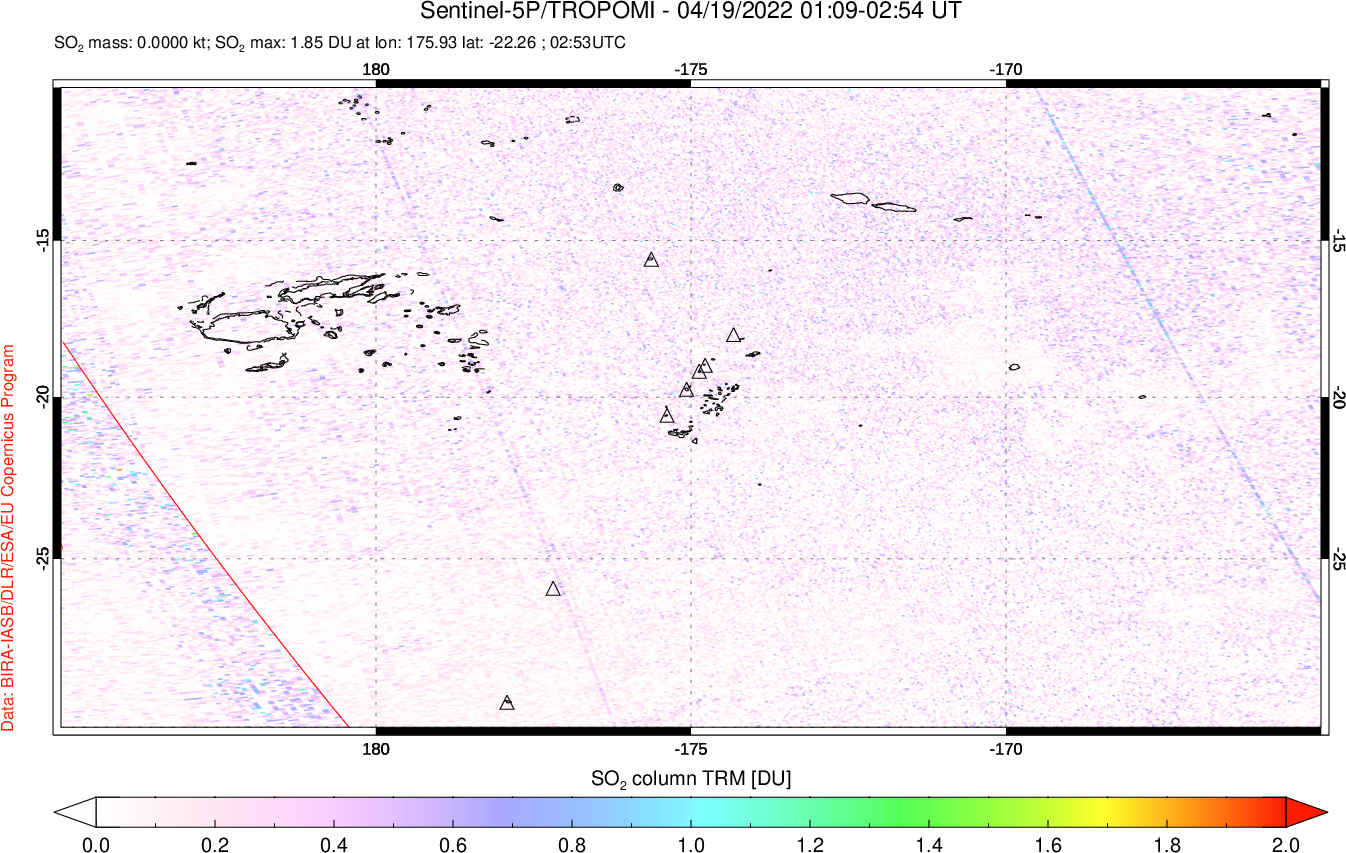 A sulfur dioxide image over Tonga, South Pacific on Apr 19, 2022.
