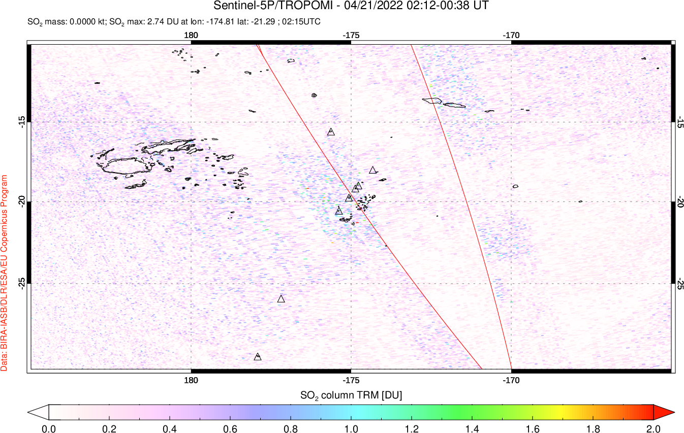 A sulfur dioxide image over Tonga, South Pacific on Apr 21, 2022.