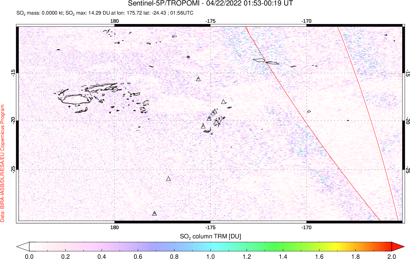 A sulfur dioxide image over Tonga, South Pacific on Apr 22, 2022.