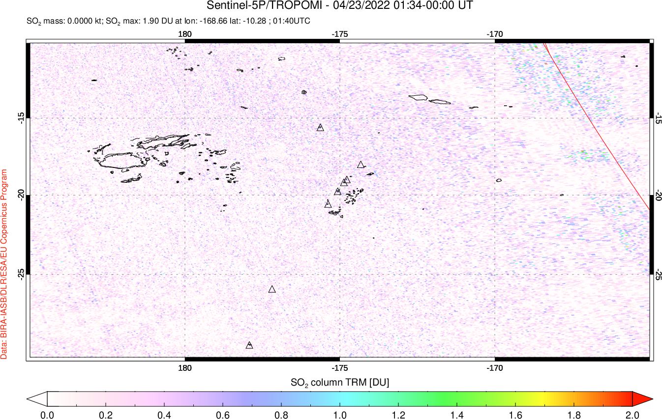 A sulfur dioxide image over Tonga, South Pacific on Apr 23, 2022.