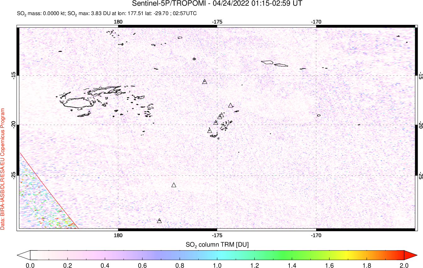 A sulfur dioxide image over Tonga, South Pacific on Apr 24, 2022.