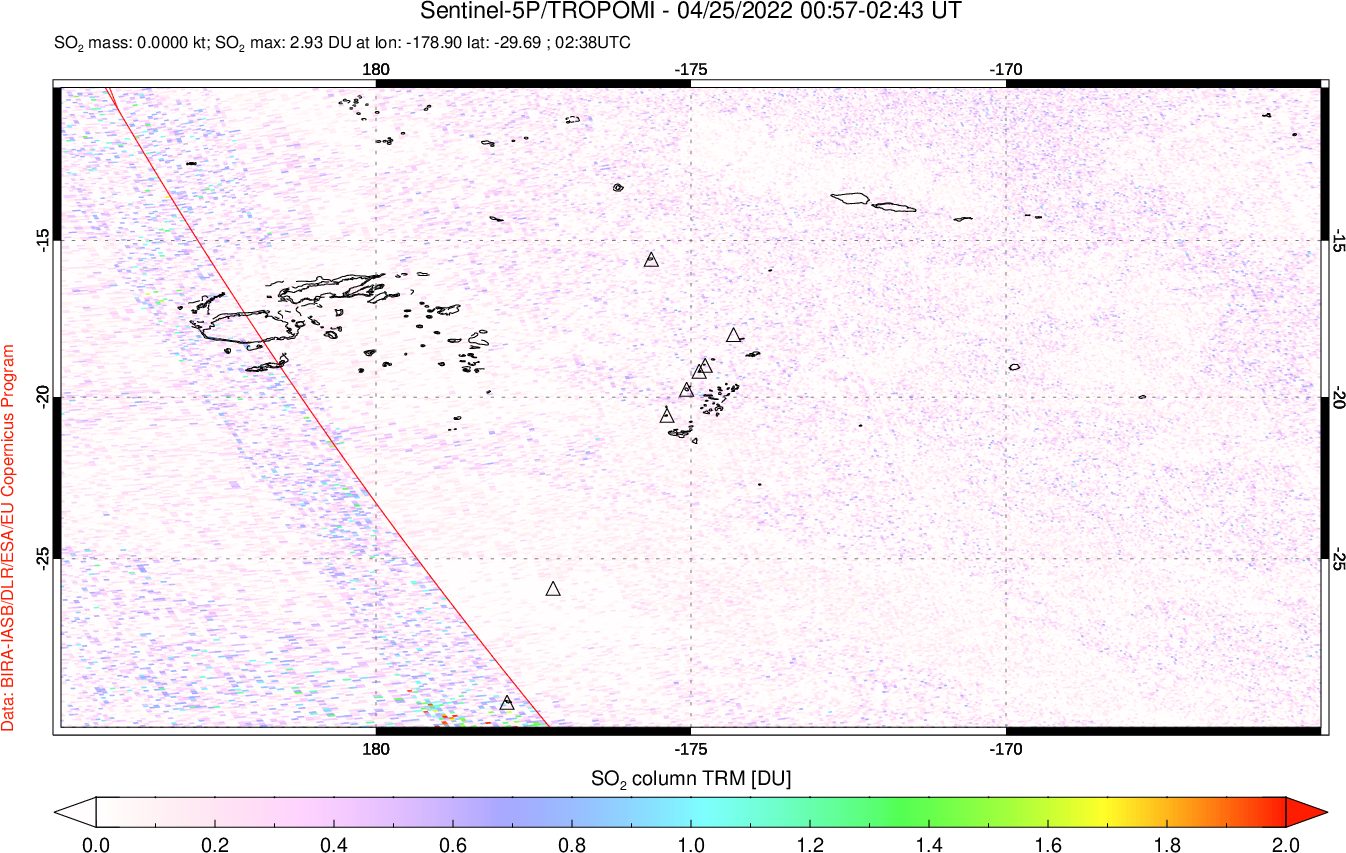 A sulfur dioxide image over Tonga, South Pacific on Apr 25, 2022.