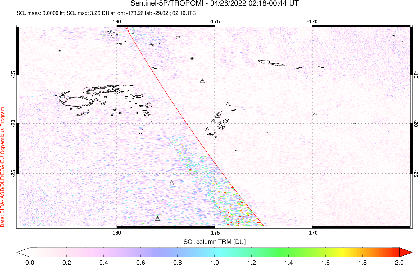 A sulfur dioxide image over Tonga, South Pacific on Apr 26, 2022.