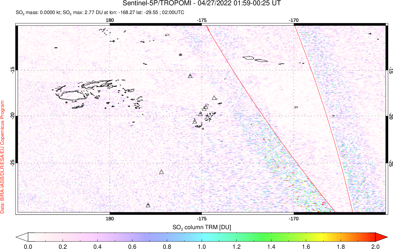 A sulfur dioxide image over Tonga, South Pacific on Apr 27, 2022.