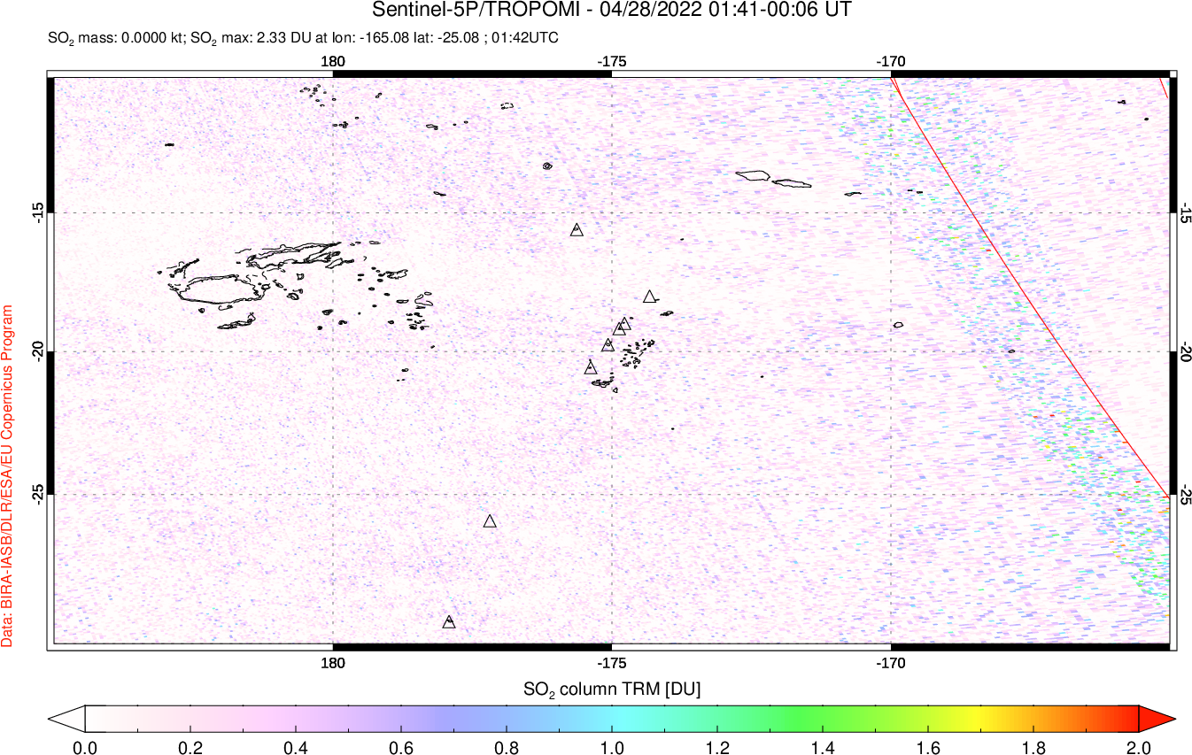 A sulfur dioxide image over Tonga, South Pacific on Apr 28, 2022.