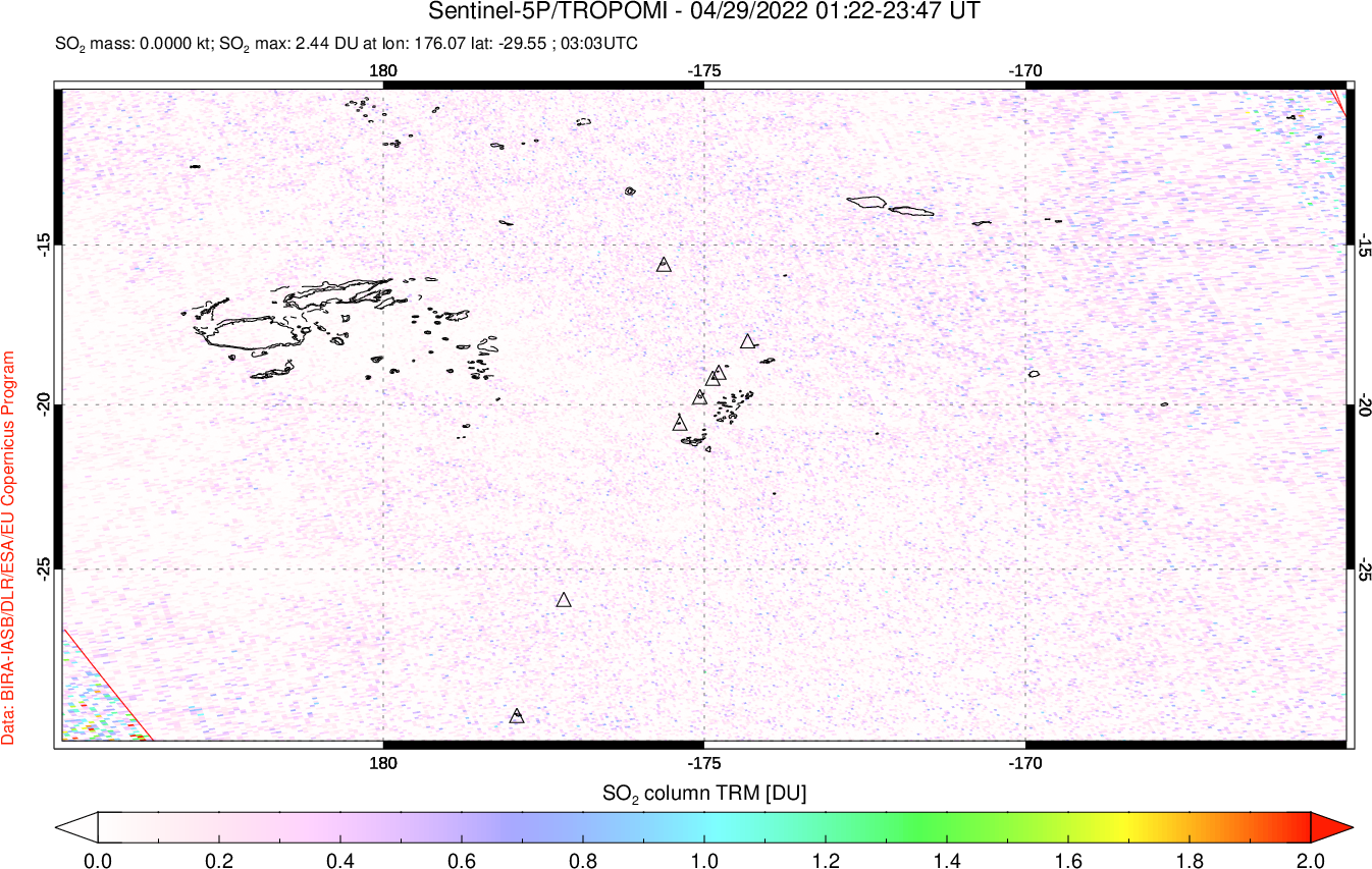 A sulfur dioxide image over Tonga, South Pacific on Apr 29, 2022.