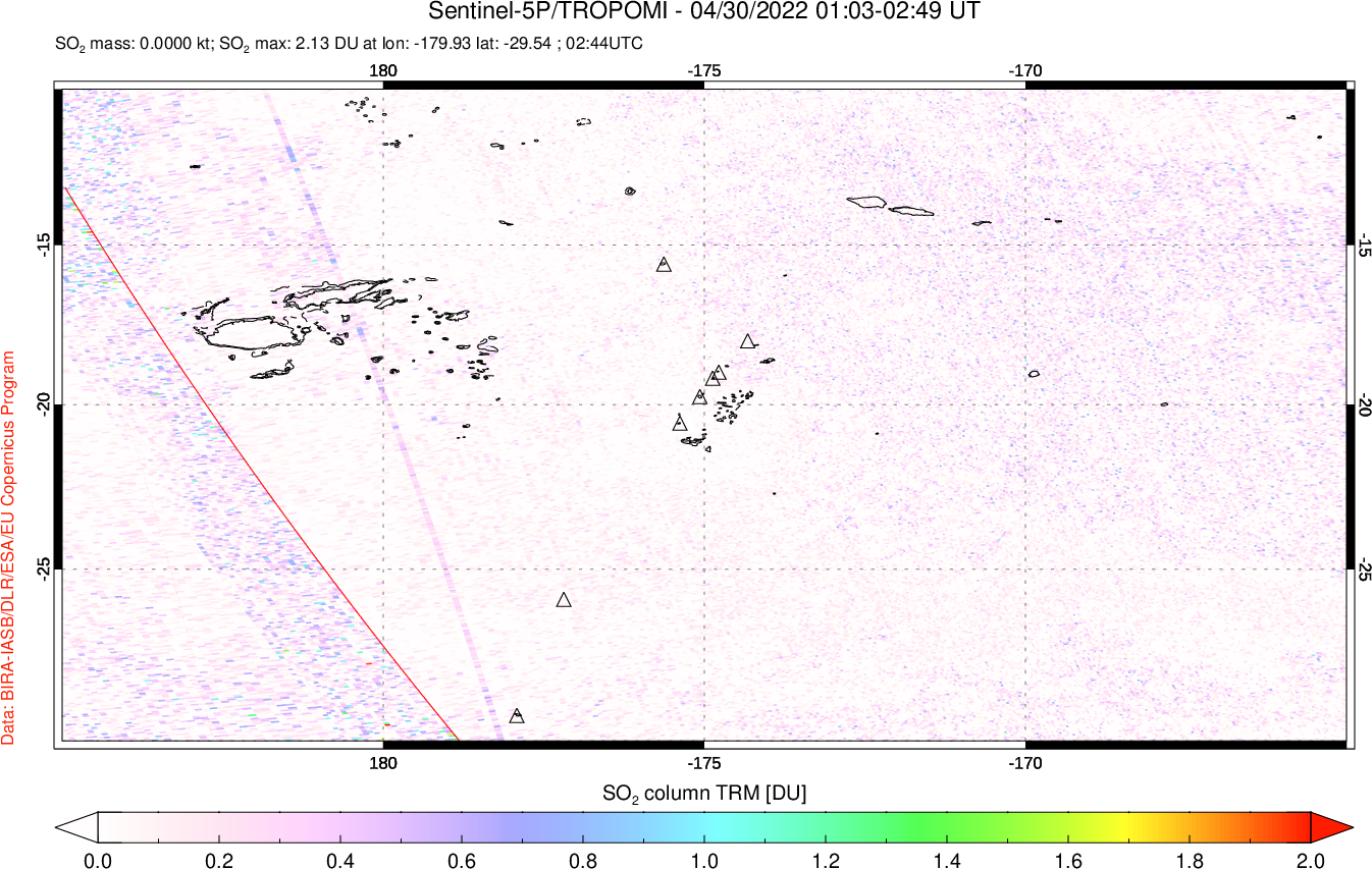 A sulfur dioxide image over Tonga, South Pacific on Apr 30, 2022.