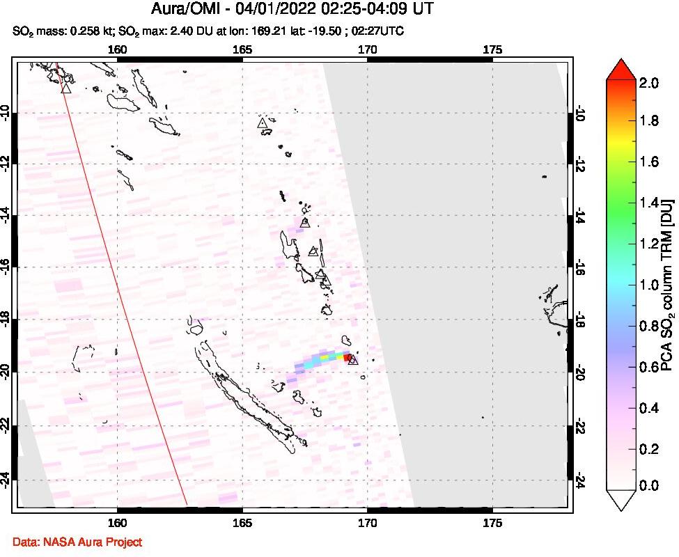 A sulfur dioxide image over Vanuatu, South Pacific on Apr 01, 2022.
