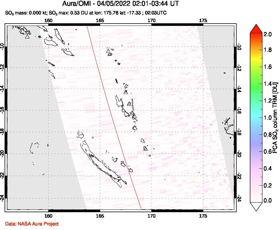A sulfur dioxide image over Vanuatu, South Pacific on Apr 05, 2022.