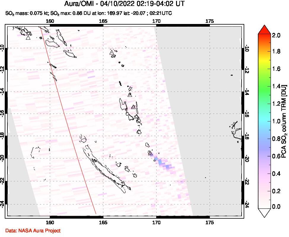 A sulfur dioxide image over Vanuatu, South Pacific on Apr 10, 2022.
