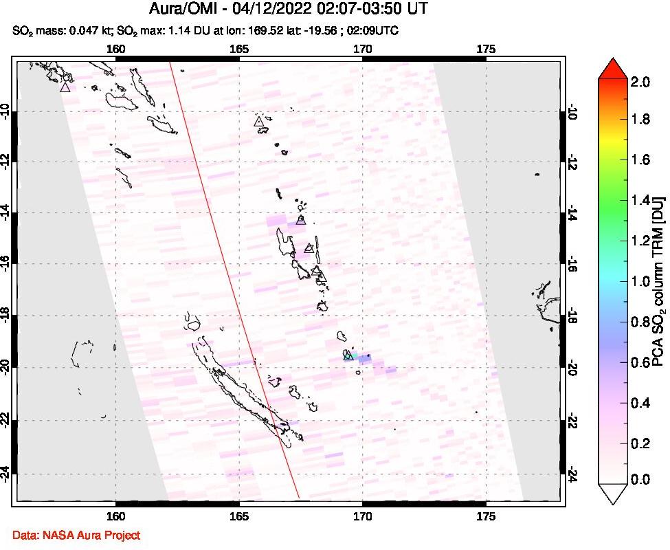 A sulfur dioxide image over Vanuatu, South Pacific on Apr 12, 2022.