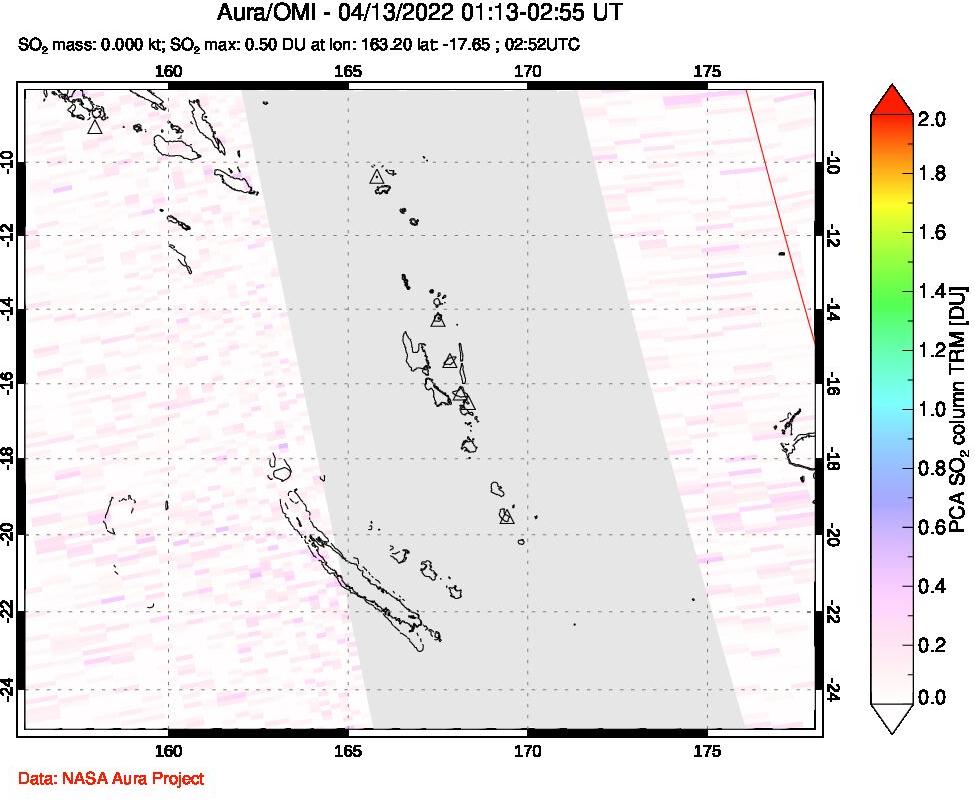 A sulfur dioxide image over Vanuatu, South Pacific on Apr 13, 2022.
