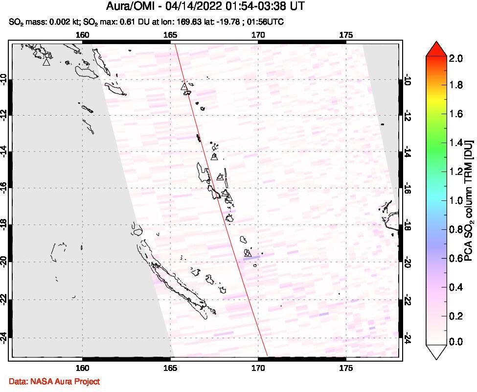 A sulfur dioxide image over Vanuatu, South Pacific on Apr 14, 2022.