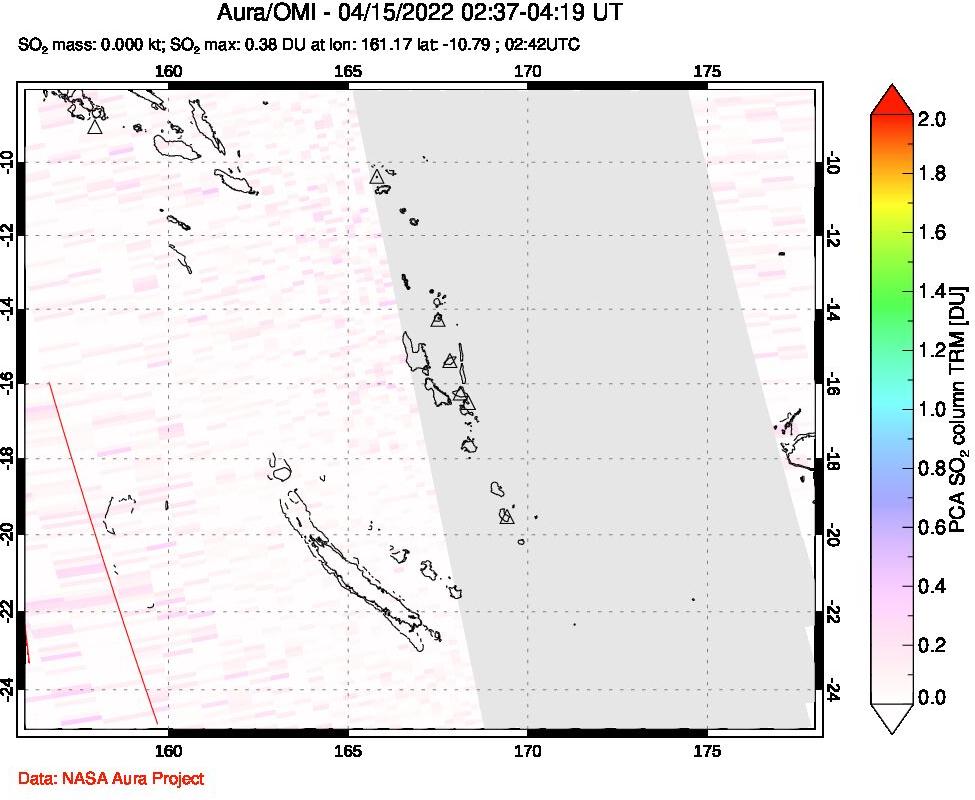 A sulfur dioxide image over Vanuatu, South Pacific on Apr 15, 2022.