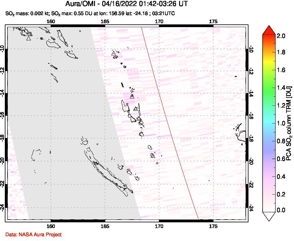 A sulfur dioxide image over Vanuatu, South Pacific on Apr 16, 2022.