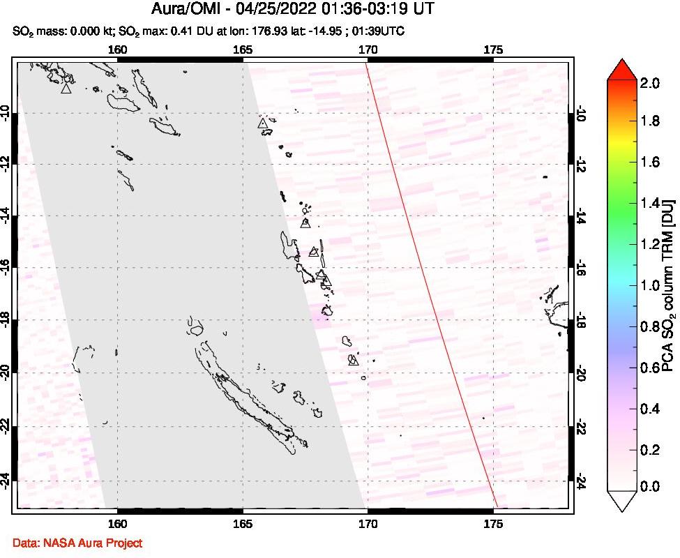 A sulfur dioxide image over Vanuatu, South Pacific on Apr 25, 2022.