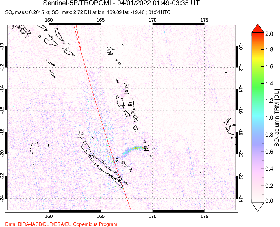 A sulfur dioxide image over Vanuatu, South Pacific on Apr 01, 2022.