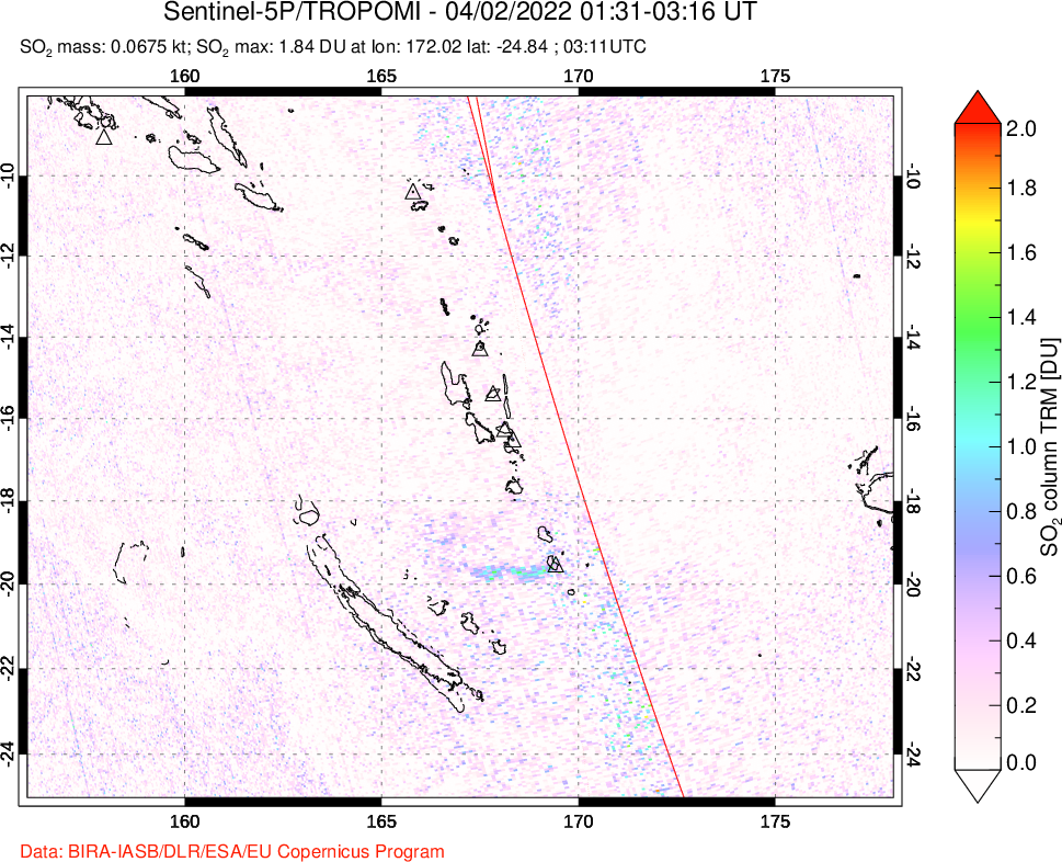 A sulfur dioxide image over Vanuatu, South Pacific on Apr 02, 2022.