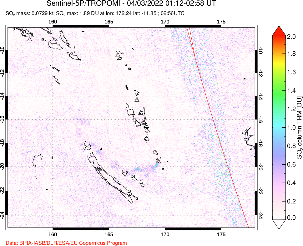 A sulfur dioxide image over Vanuatu, South Pacific on Apr 03, 2022.
