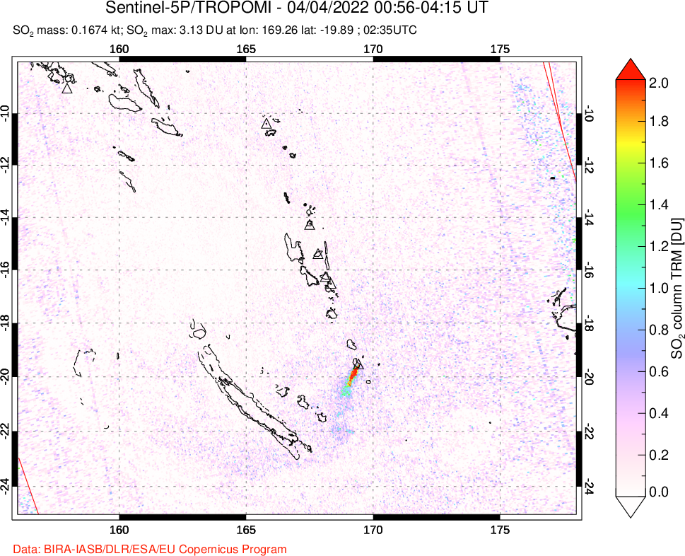 A sulfur dioxide image over Vanuatu, South Pacific on Apr 04, 2022.