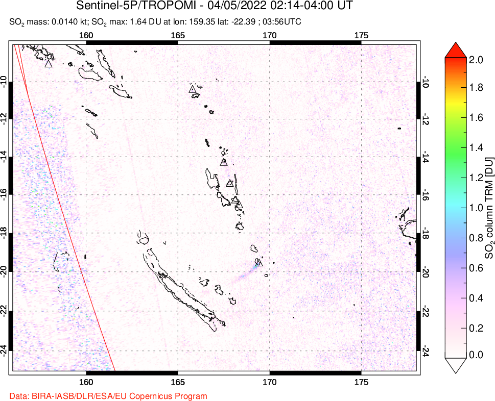 A sulfur dioxide image over Vanuatu, South Pacific on Apr 05, 2022.