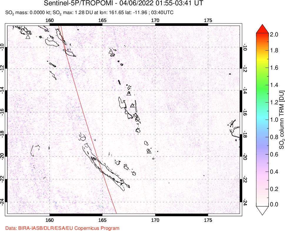 A sulfur dioxide image over Vanuatu, South Pacific on Apr 06, 2022.