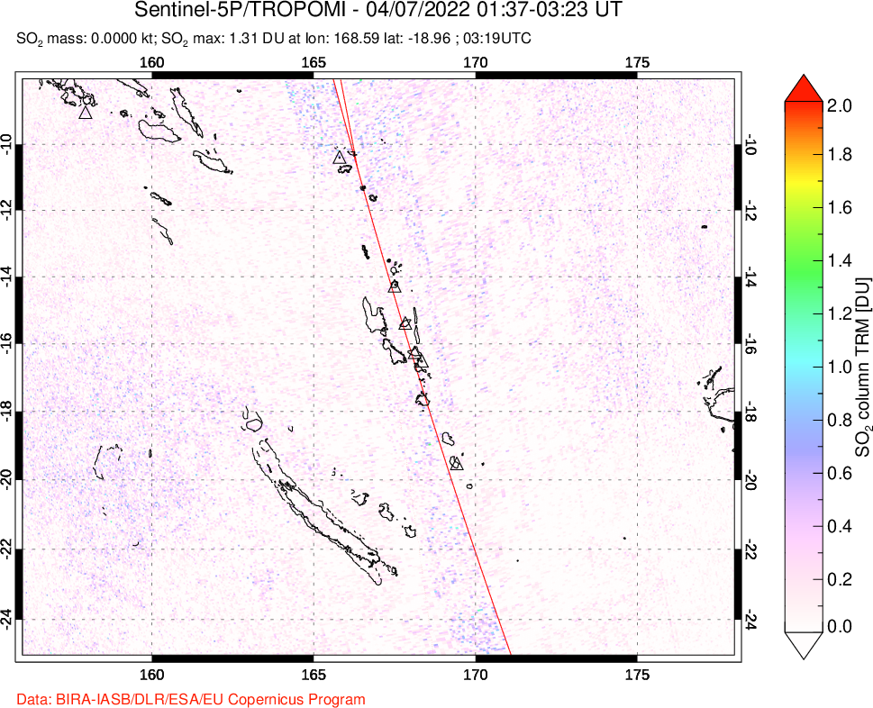 A sulfur dioxide image over Vanuatu, South Pacific on Apr 07, 2022.