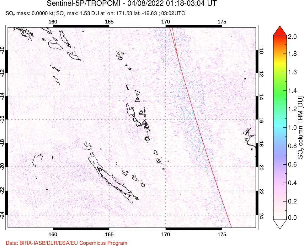 A sulfur dioxide image over Vanuatu, South Pacific on Apr 08, 2022.