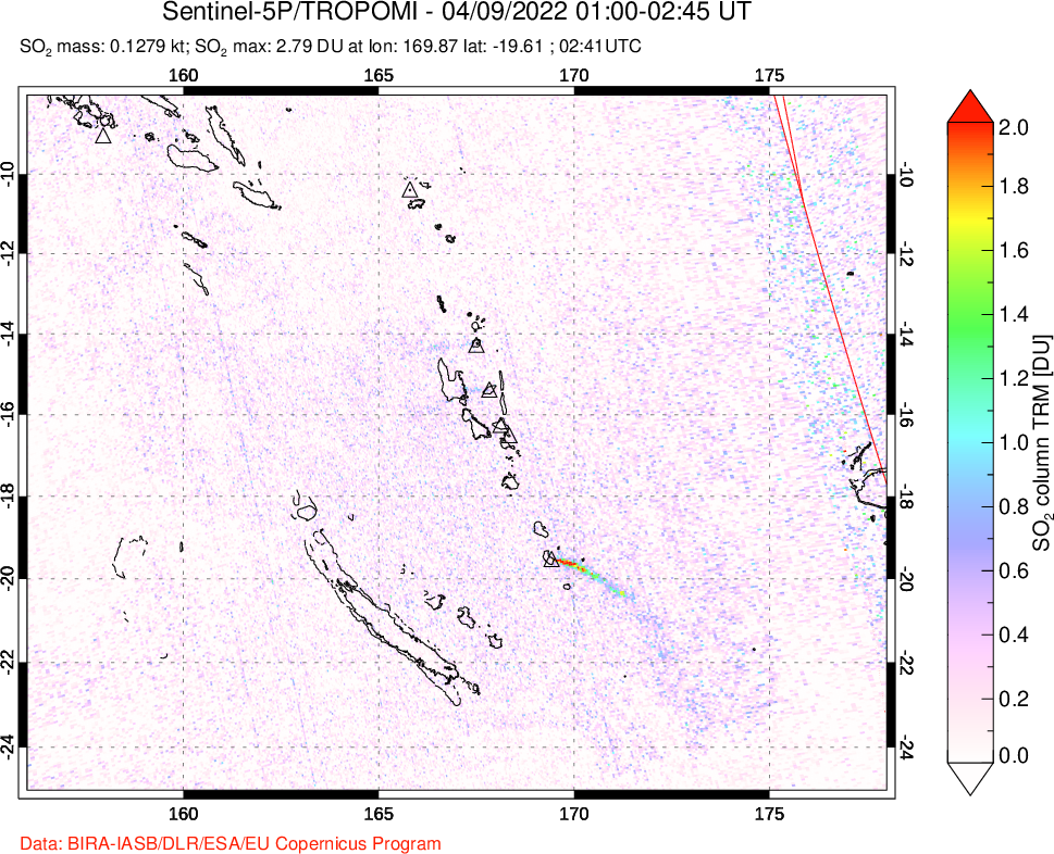 A sulfur dioxide image over Vanuatu, South Pacific on Apr 09, 2022.