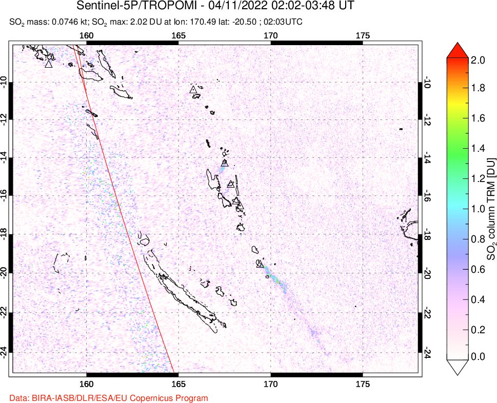 A sulfur dioxide image over Vanuatu, South Pacific on Apr 11, 2022.