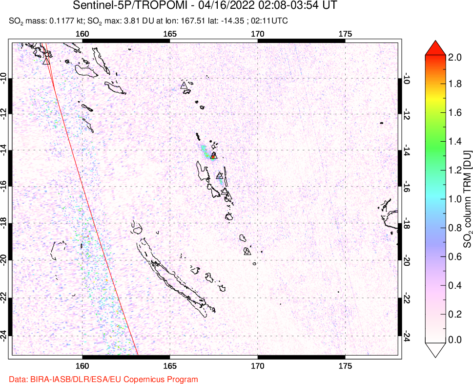 A sulfur dioxide image over Vanuatu, South Pacific on Apr 16, 2022.